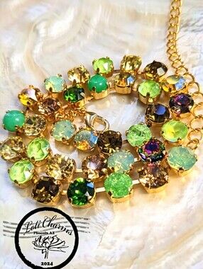 Green and Multicolor Crystals & Green Onyx in 14k Gold Plated Necklace or Brass